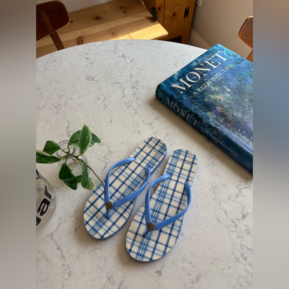 Tory Burch Light Blue Plaid Flip Flops 8